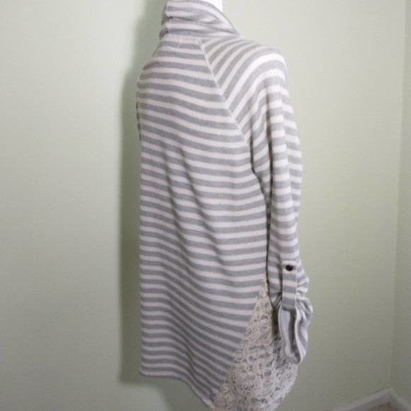 French Laundry Gray White Stripe Terry Longline Drawstring Neck Longsleeve top M - Picture 15 of 16